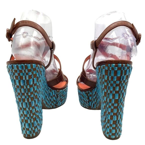 VIA SPIGA Cai Leather Platform Woven Wedge Sandals 41 9 Strappy Caged Blue Brown - Picture 5 of 10